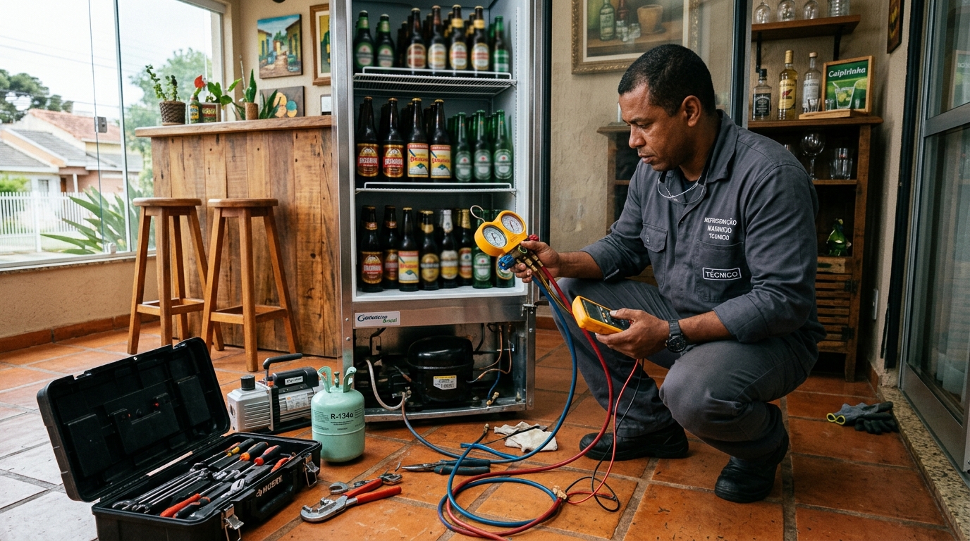 Profissional executando reparo no motor de cervejeira em Betim‑MG
