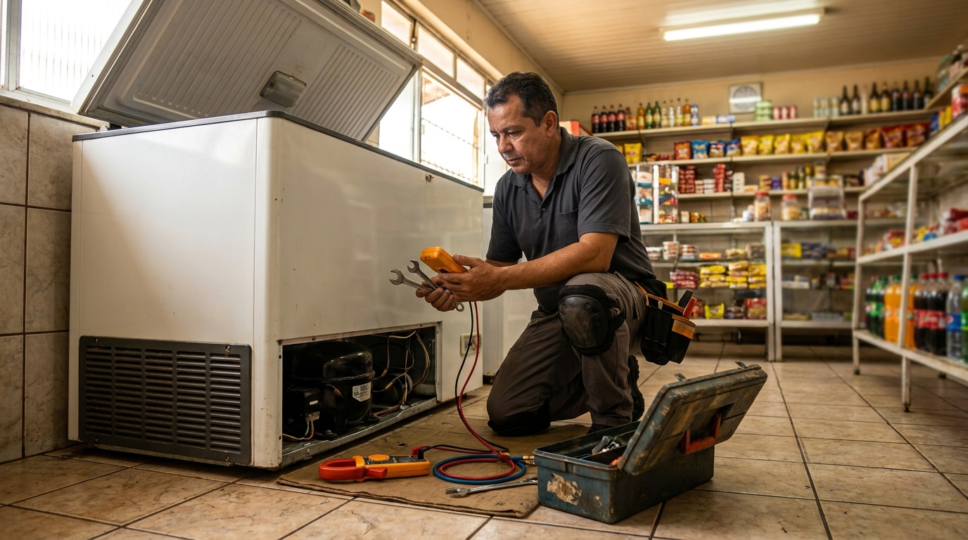Profissional executando manutenção no motor de freezer em Betim‑MG